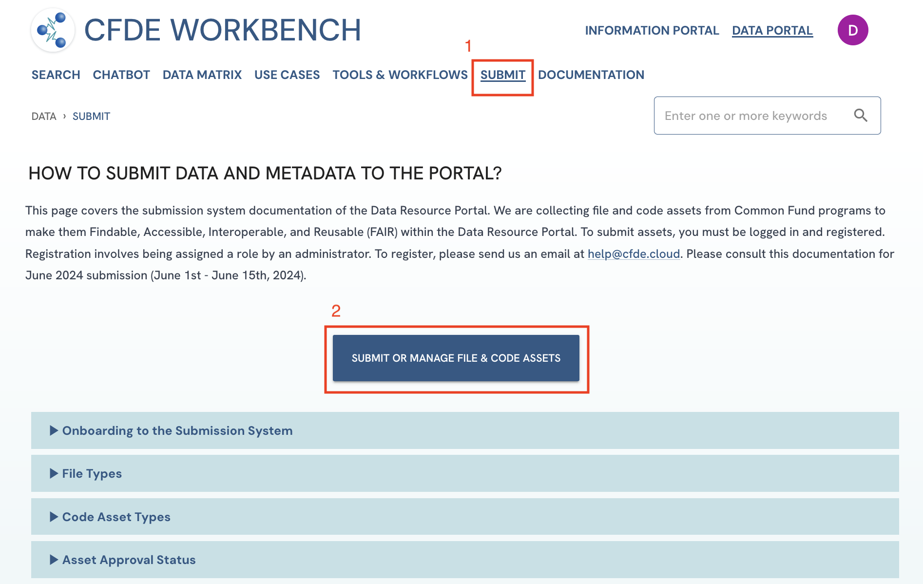 Screenshot showing navigation to Data and Metadata Upload Form