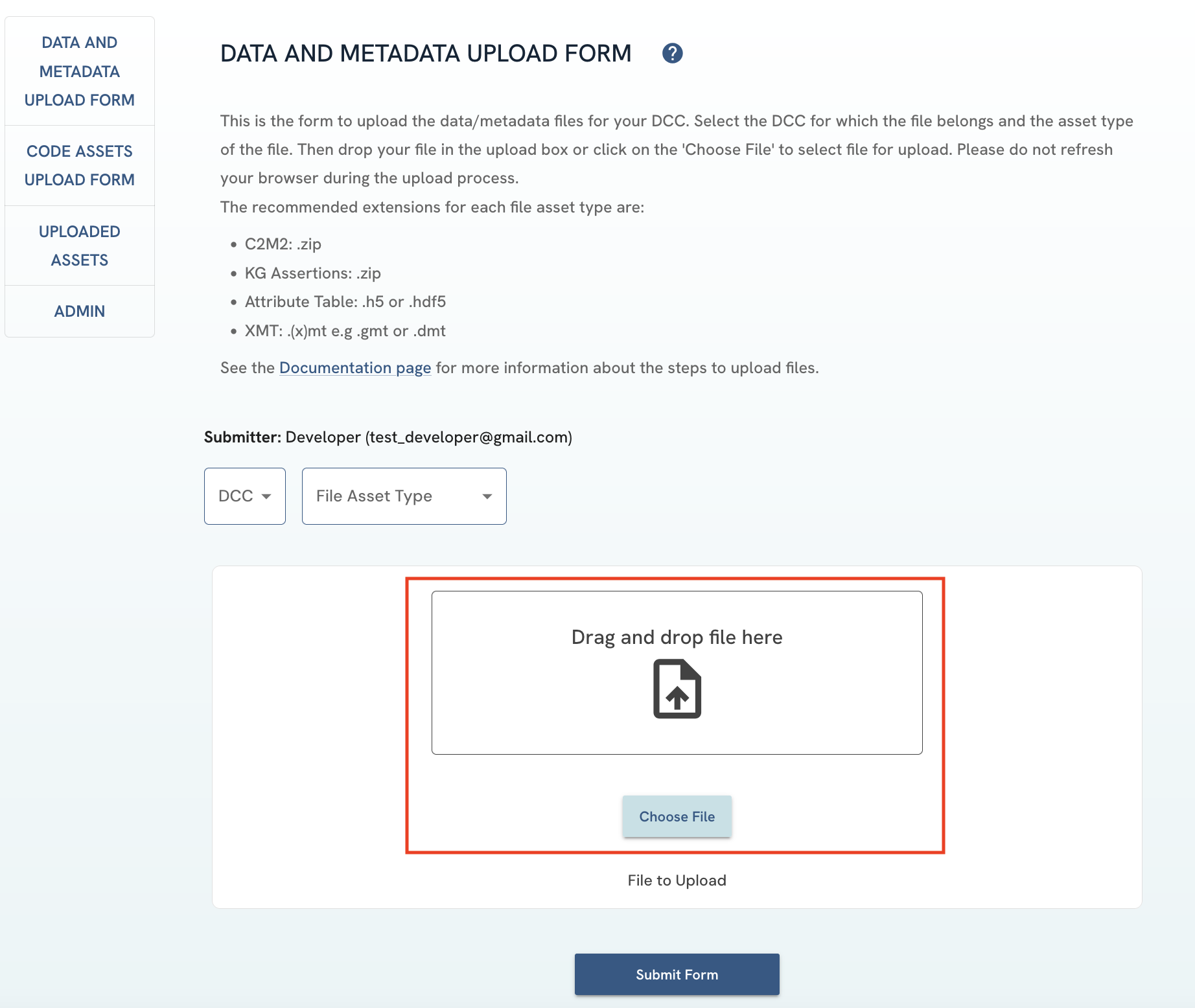 A screenshot of Data and Metadata Upload Form showing file selection