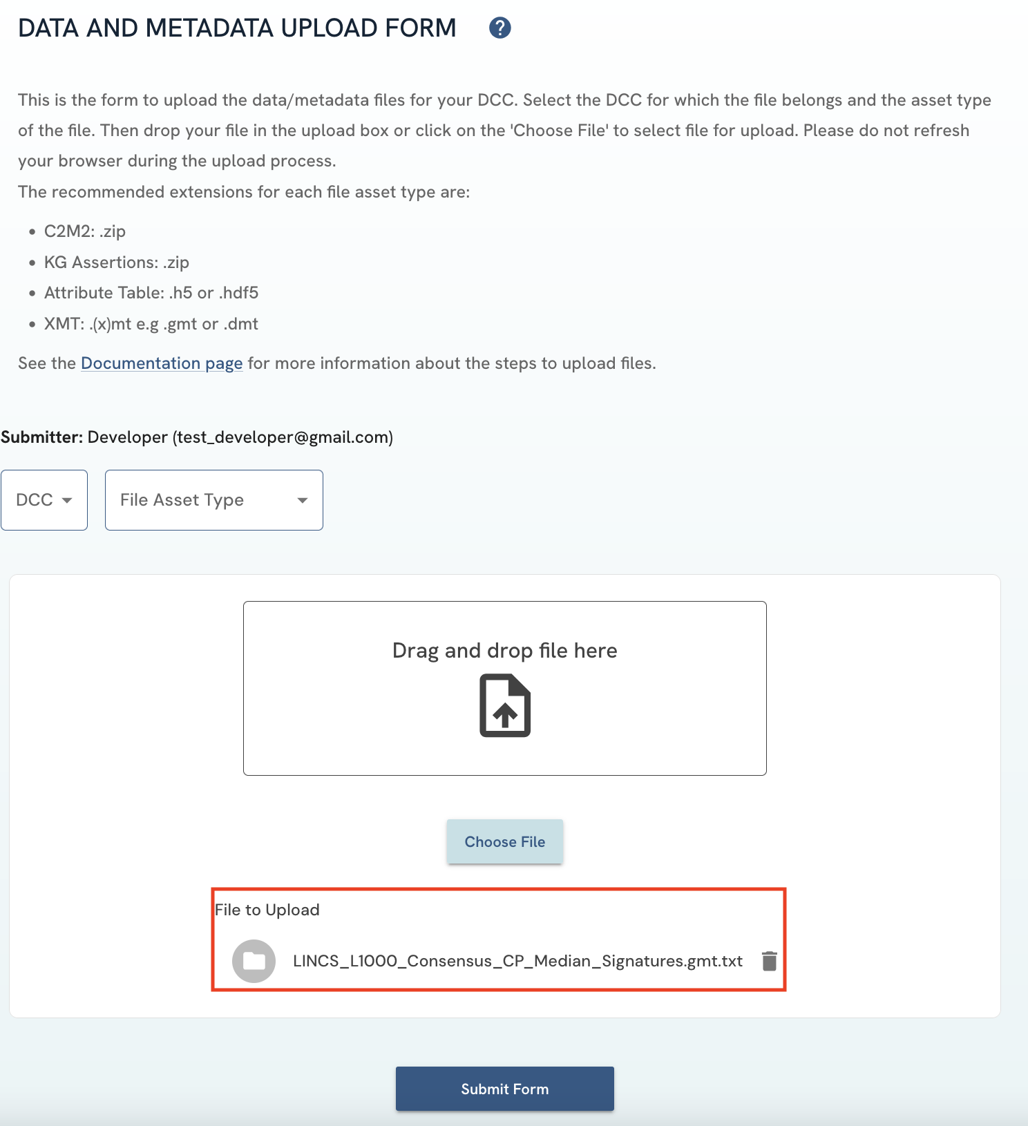 A screenshot of Data and Metadata Upload Form showing selected file