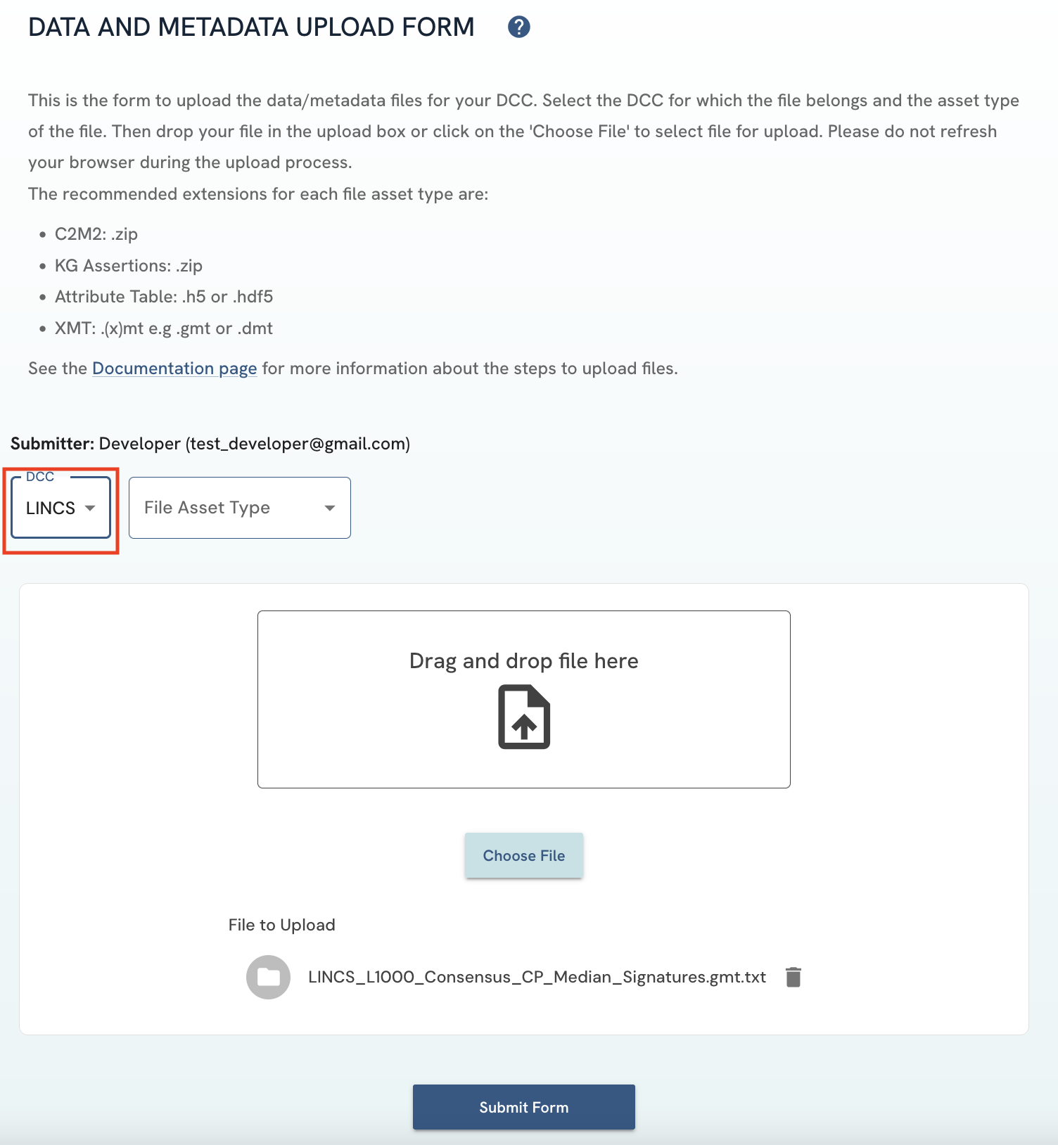 A screenshot of Data and Metadata Upload Form showing DCC selection