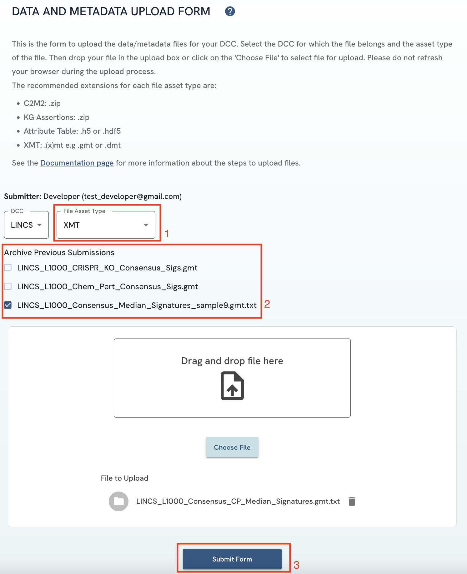 A screenshot of Data and Metadata Upload Form showing file asset type selection