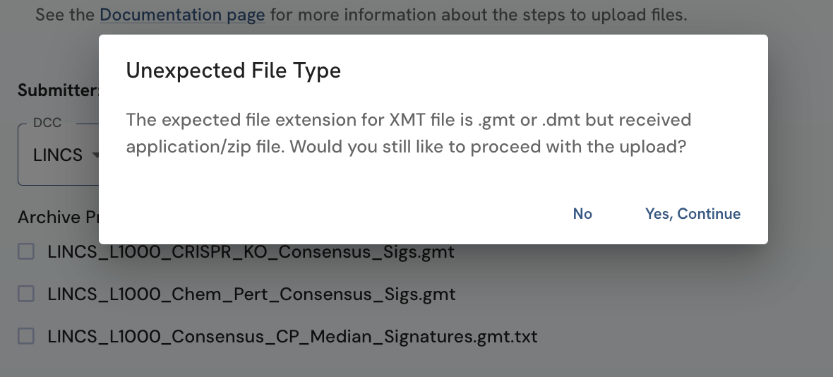 A screenshot of Data and Metadata Upload Form showing pop up that appears with unexpected file type selection