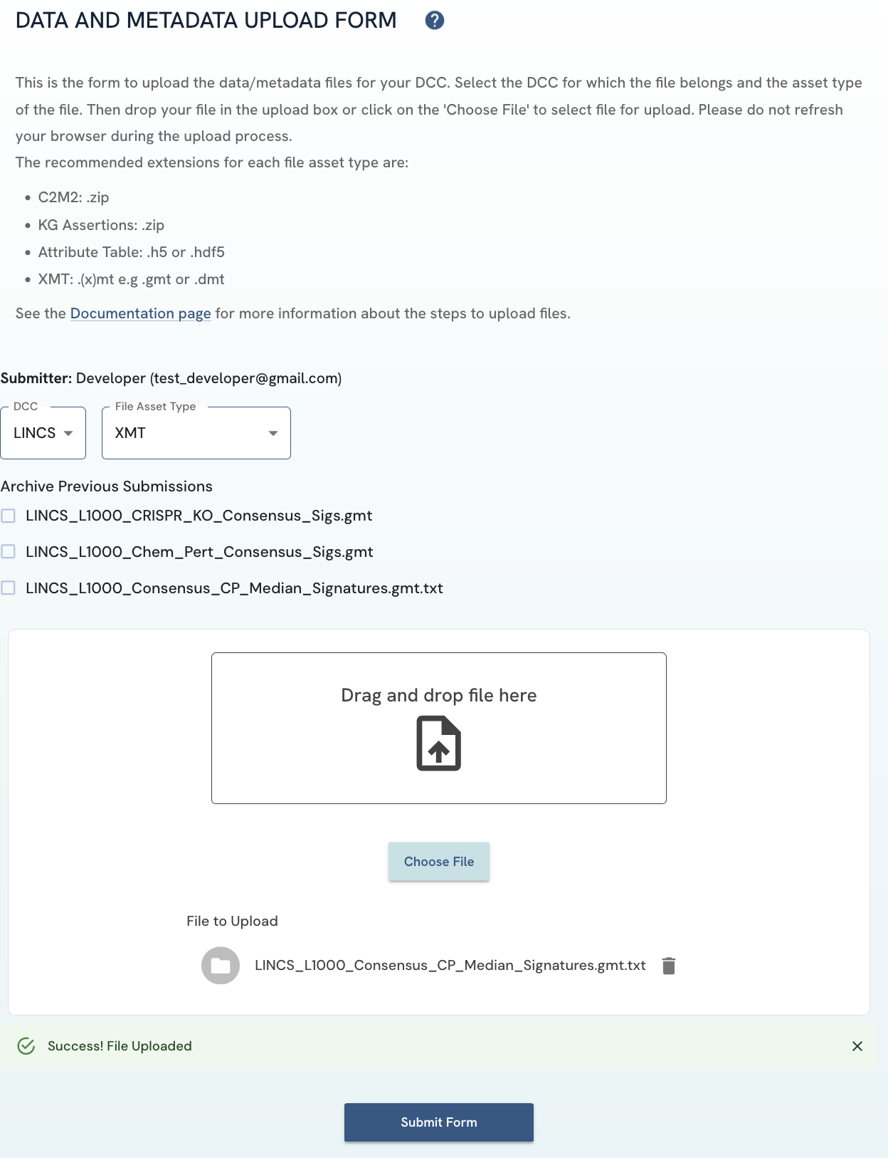 A screenshot of Data and Metadata Upload Form showing successful file upload banner