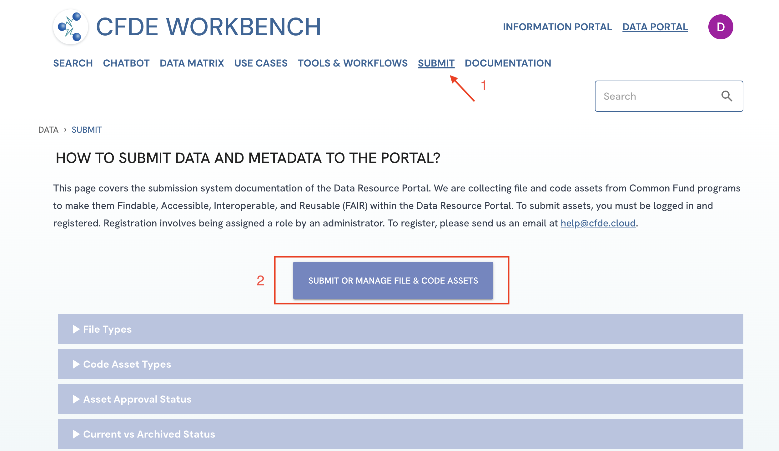 Screenshot showing navigation to Data and Metadata Upload Form