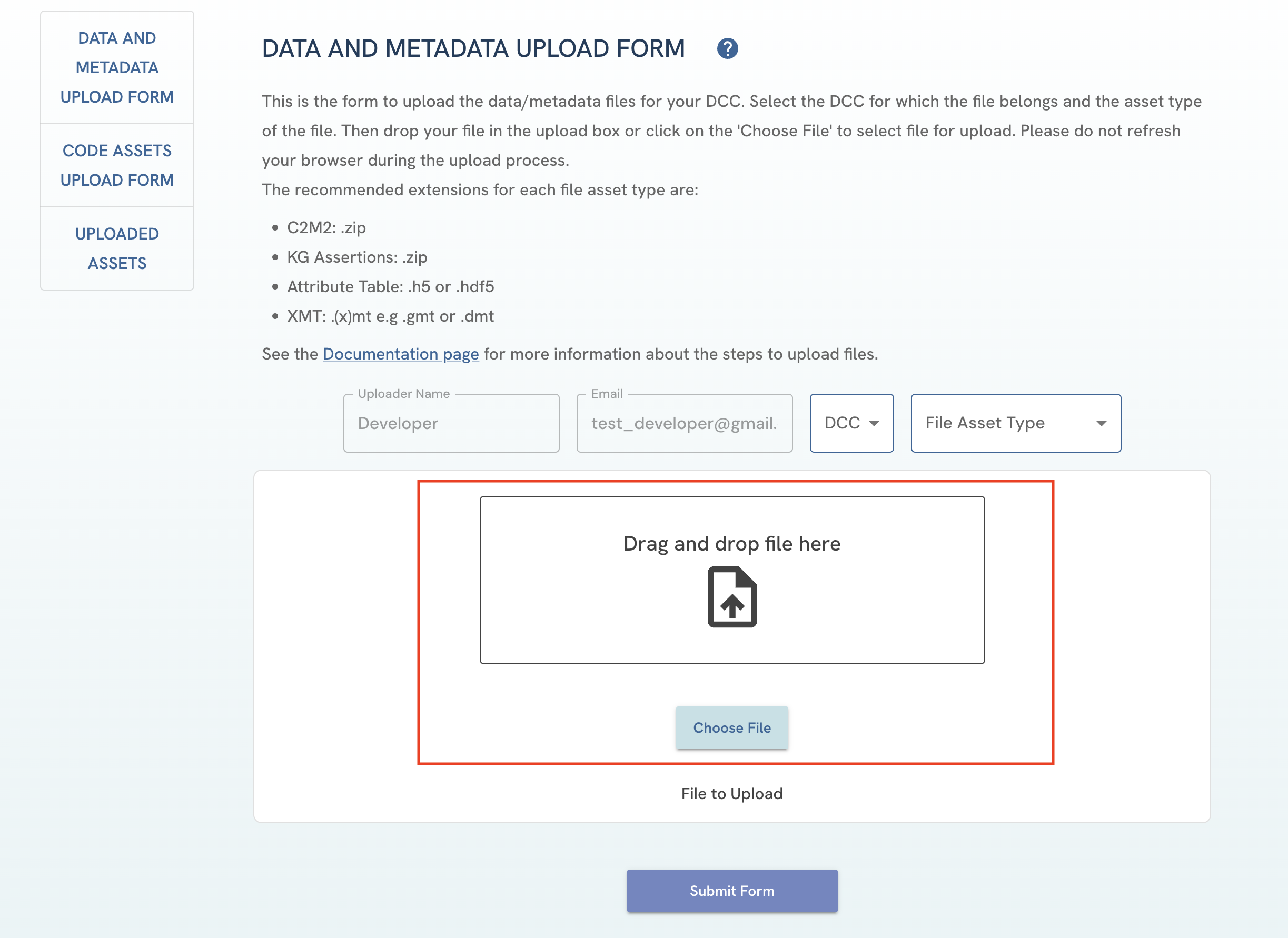 A screenshot of Data and Metadata Upload Form showing file selection