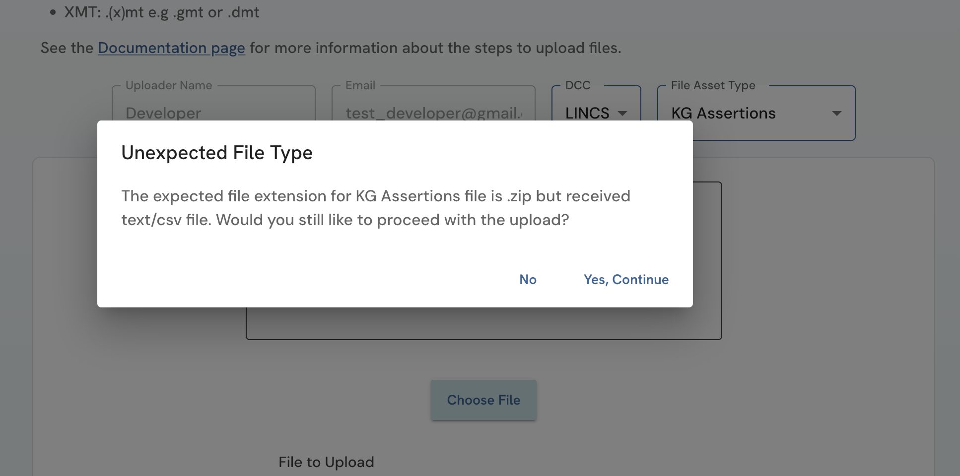 A screenshot of Data and Metadata Upload Form showing pop up that appears with unexpected file type selection