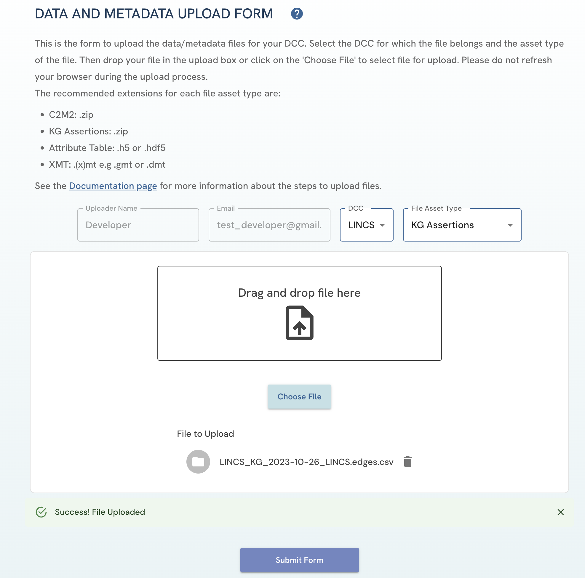 A screenshot of Data and Metadata Upload Form showing successful file upload banner